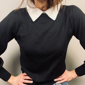 Kate Spade Black Wool Knit Top with White Mock Collar